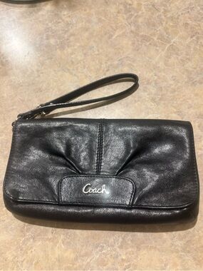 Coach Black Leather Wristlet with Silver Logo